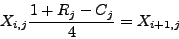 \begin{displaymath}
X_{i,j}\frac{1+R_{j}-C_{j}}{4}=X_{i+1,j}
\end{displaymath}