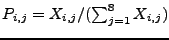 $P_{i,j}=X_{i,j}/(\sum_{j=1}^{8}X_{i,j})$